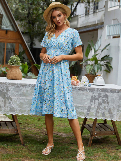 Dress- Garden Floral Smocked Waist A-Line Short Sleeve Midi Dress- - IndioGear Fashion and Gear