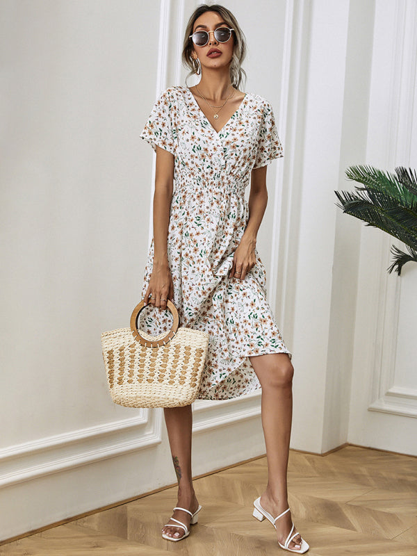 Dress- Garden Floral Smocked Waist A-Line Short Sleeve Midi Dress- - IndioGear Fashion and Gear