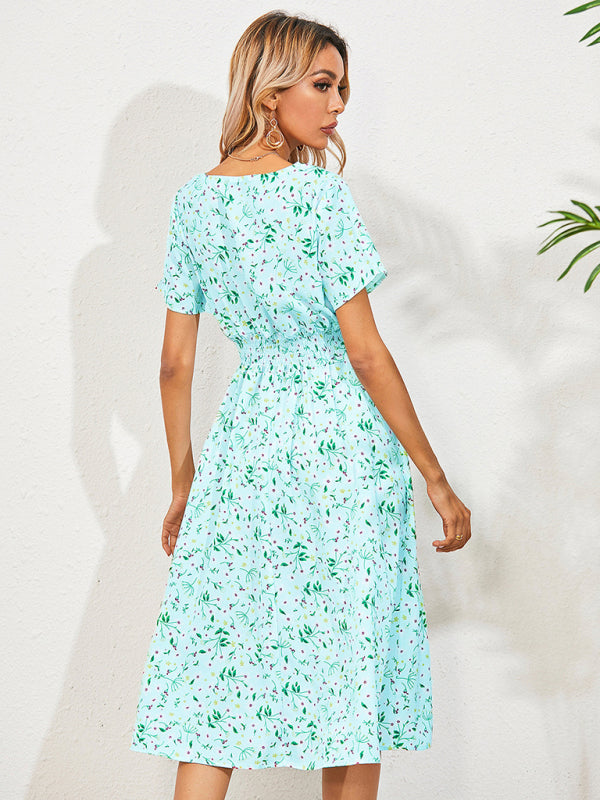 Dress- Garden Floral Smocked Waist A-Line Short Sleeve Midi Dress- - IndioGear Fashion and Gear