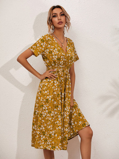 Dress- Garden Floral Smocked Waist A-Line Short Sleeve Midi Dress- Yellow- IndioGear Fashion and Gear