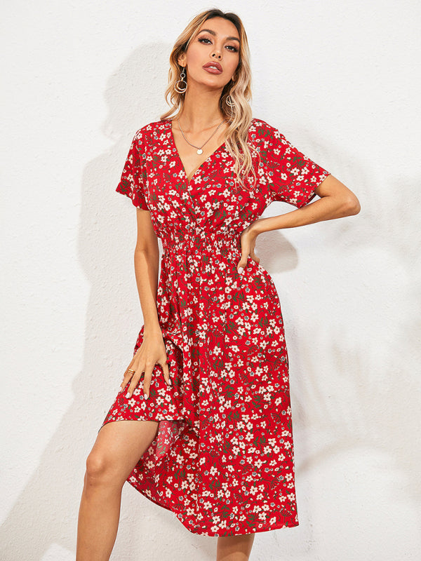 Dress- Garden Floral Smocked Waist A-Line Short Sleeve Midi Dress- - IndioGear Fashion and Gear