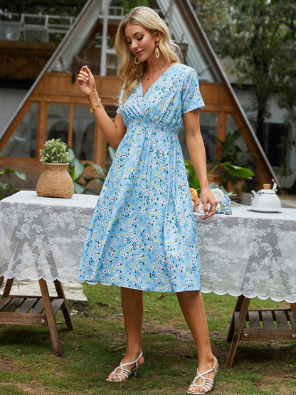 Dress- Garden Floral Smocked Waist A-Line Short Sleeve Midi Dress- - IndioGear Fashion and Gear