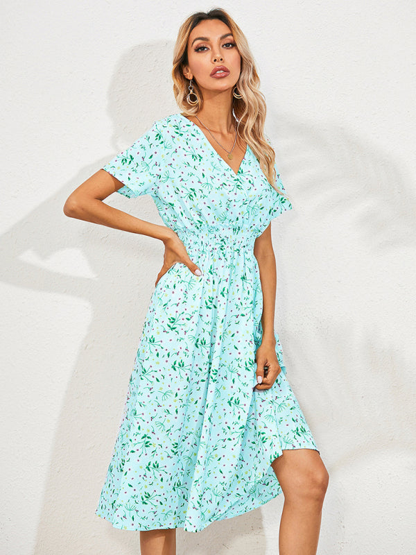 Dress- Garden Floral Smocked Waist A-Line Short Sleeve Midi Dress- - IndioGear Fashion and Gear