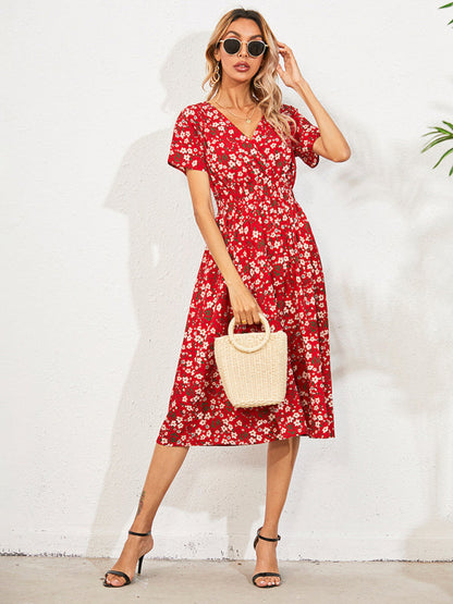 Dress- Garden Floral Smocked Waist A-Line Short Sleeve Midi Dress- - IndioGear Fashion and Gear