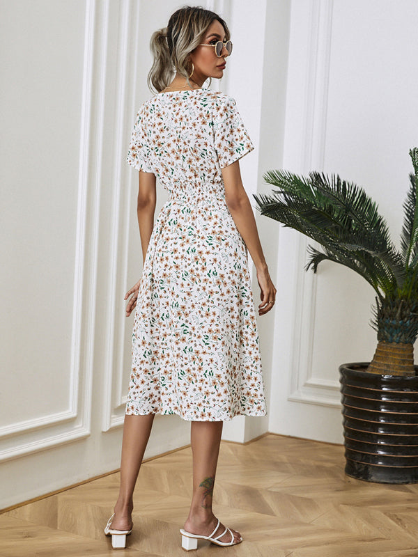 Dress- Garden Floral Smocked Waist A-Line Short Sleeve Midi Dress- - IndioGear Fashion and Gear