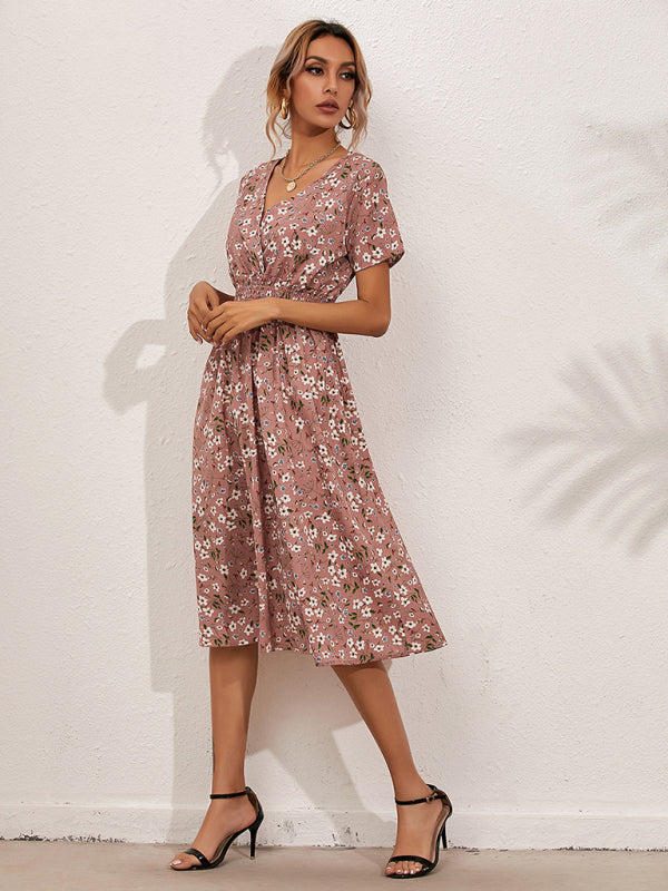 Dress- Garden Floral Smocked Waist A-Line Short Sleeve Midi Dress- - IndioGear Fashion and Gear