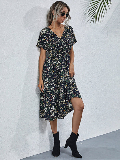 Dress- Garden Floral Smocked Waist A-Line Short Sleeve Midi Dress- - IndioGear Fashion and Gear