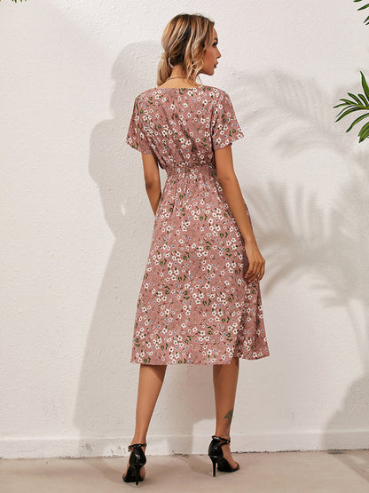 Dress- Garden Floral Smocked Waist A-Line Short Sleeve Midi Dress- - IndioGear Fashion and Gear