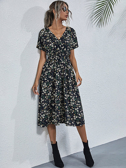 Dress- Garden Floral Smocked Waist A-Line Short Sleeve Midi Dress- Black- IndioGear Fashion and Gear