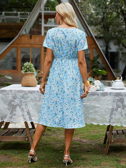 Dress- Garden Floral Smocked Waist A-Line Short Sleeve Midi Dress- - IndioGear Fashion and Gear