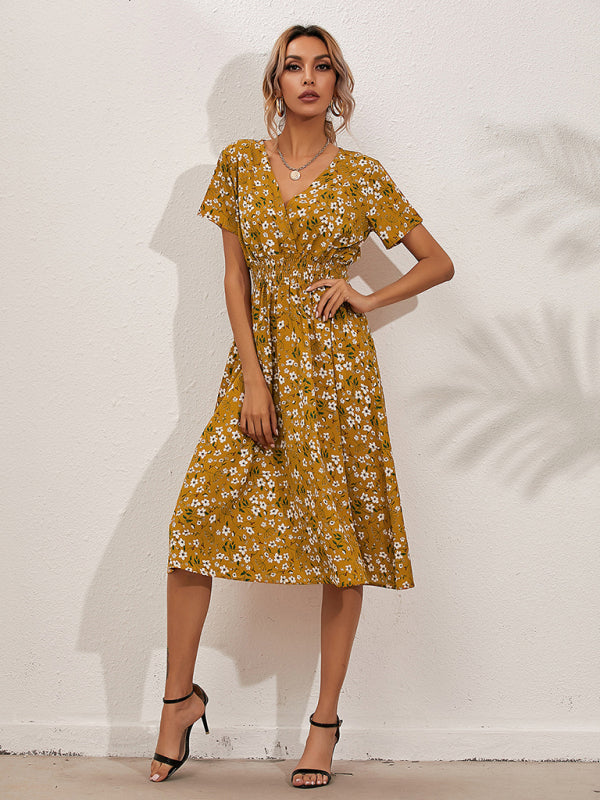 Dress- Garden Floral Smocked Waist A-Line Short Sleeve Midi Dress- - IndioGear Fashion and Gear