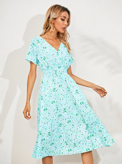 Dress- Garden Floral Smocked Waist A-Line Short Sleeve Midi Dress- Pale green- IndioGear Fashion and Gear