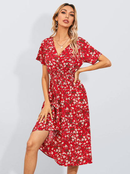 Dress- Garden Floral Smocked Waist A-Line Short Sleeve Midi Dress- Red- IndioGear Fashion and Gear