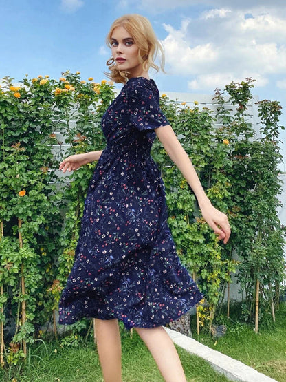 Dress- Garden Floral Smocked Waist A-Line Short Sleeve Midi Dress- Navy Blue- IndioGear Fashion and Gear