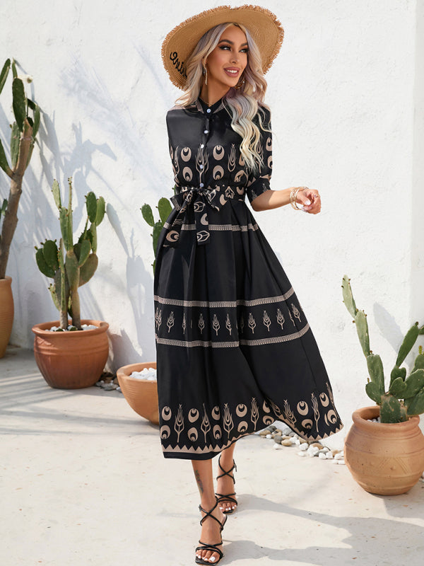 Dress- Geometric Print Belt Tie Flat Collar Midi Dress- - IndioGear Fashion and Gear