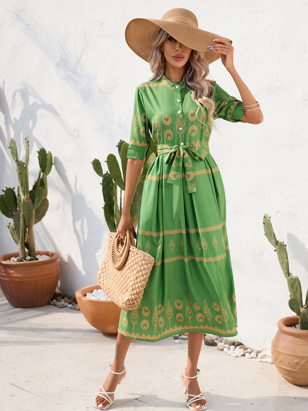 Dress- Geometric Print Belt Tie Flat Collar Midi Dress- Green- IndioGear Fashion and Gear