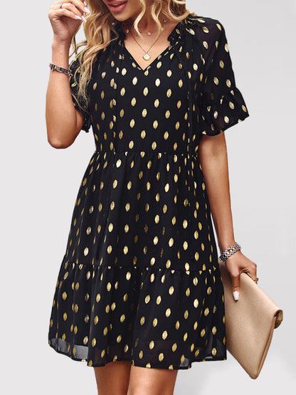 Dress- Golden Polka Dot Mini Dress: The Summer Must-Have!- Black- IndioGear Fashion and Gear