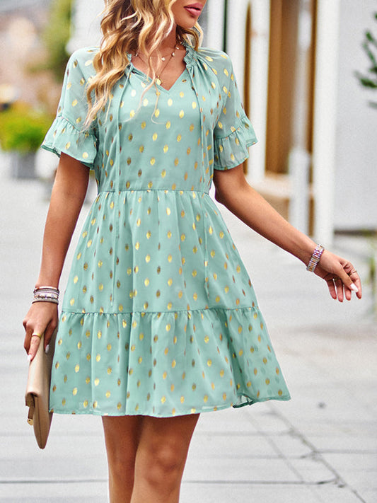 Dress- Golden Polka Dot Mini Dress: The Summer Must-Have!- Green- IndioGear Fashion and Gear