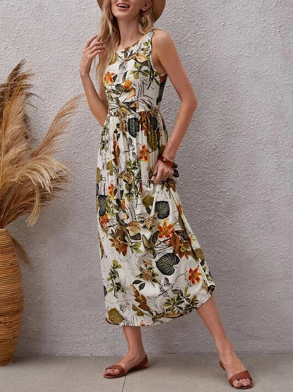 Dress- Leafy Floral Crew Neck Fit and Flare Tank Midi Dress- - IndioGear Fashion and Gear