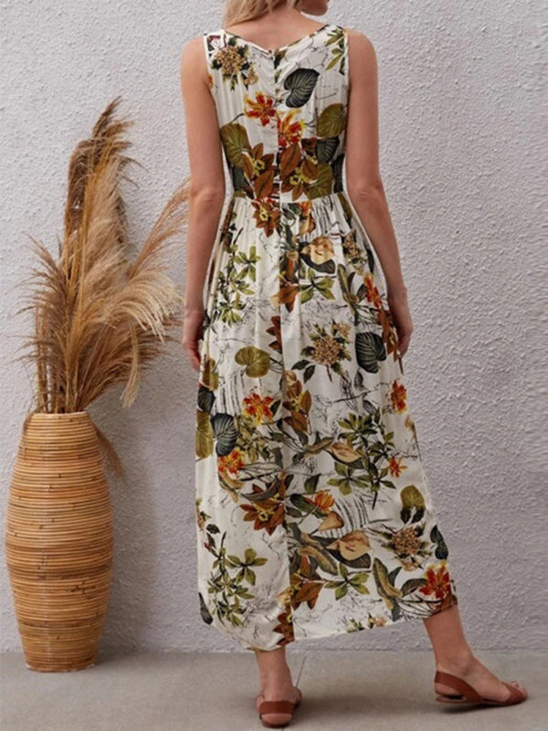 Dress- Leafy Floral Crew Neck Fit and Flare Tank Midi Dress- - IndioGear Fashion and Gear