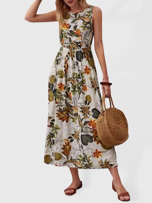 Dress- Leafy Floral Crew Neck Fit and Flare Tank Midi Dress- Floral- IndioGear Fashion and Gear