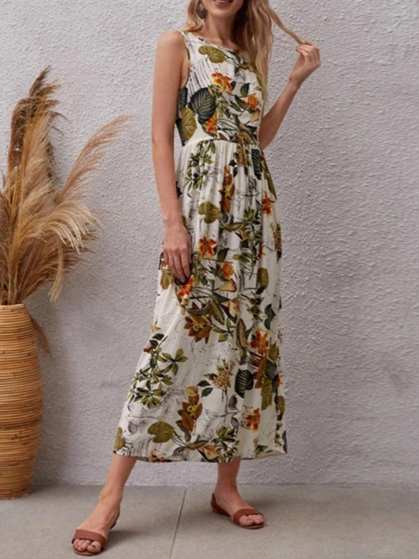 Dress- Leafy Floral Crew Neck Fit and Flare Tank Midi Dress- - IndioGear Fashion and Gear