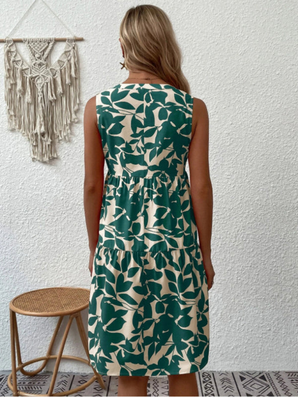 Dress- Leafy Tiered Ruffle Leaf Print Tank Dress- - IndioGear Fashion and Gear