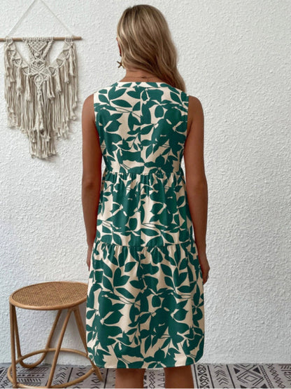 Dress- Leafy Tiered Ruffle Leaf Print Tank Dress- - IndioGear Fashion and Gear