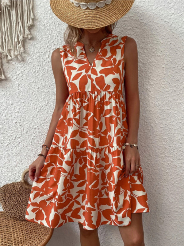 Dress- Leafy Tiered Ruffle Leaf Print Tank Dress- Orange- IndioGear Fashion and Gear