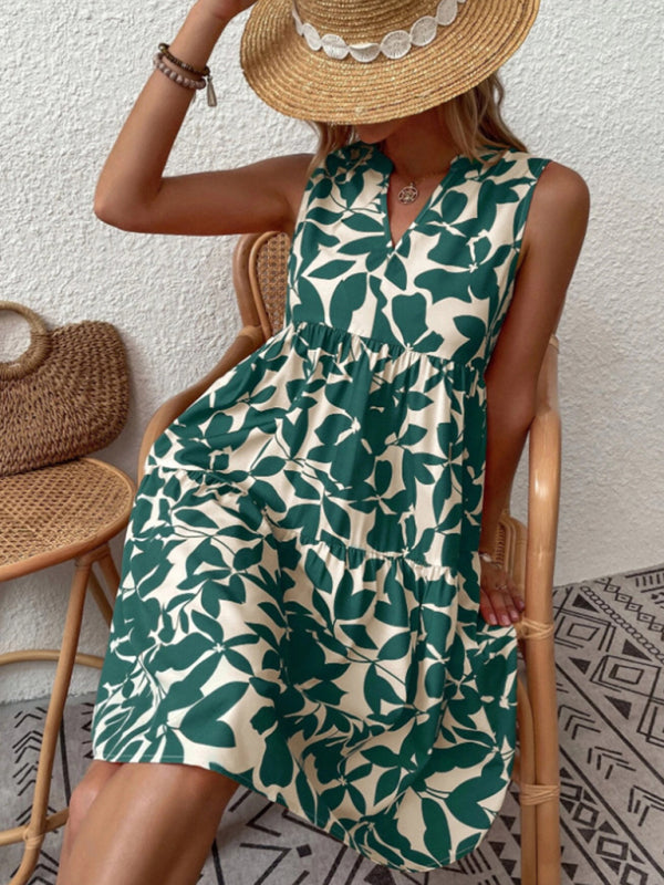 Dress- Leafy Tiered Ruffle Leaf Print Tank Dress- - IndioGear Fashion and Gear