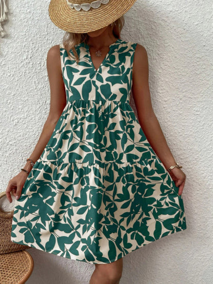 Dress- Leafy Tiered Ruffle Leaf Print Tank Dress- Green- IndioGear Fashion and Gear