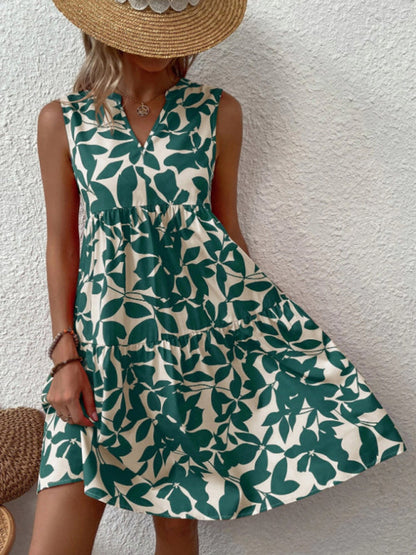 Dress- Leafy Tiered Ruffle Leaf Print Tank Dress- - IndioGear Fashion and Gear