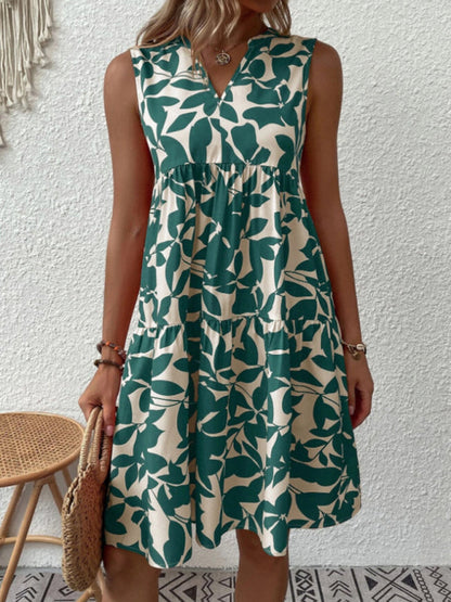 Dress- Leafy Tiered Ruffle Leaf Print Tank Dress- - IndioGear Fashion and Gear