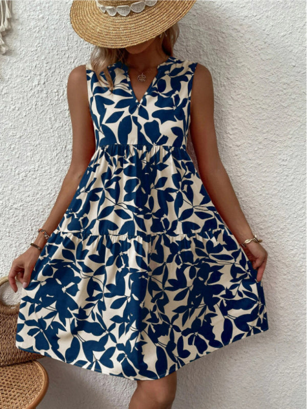 Dress- Leafy Tiered Ruffle Leaf Print Tank Dress- Blue- IndioGear Fashion and Gear