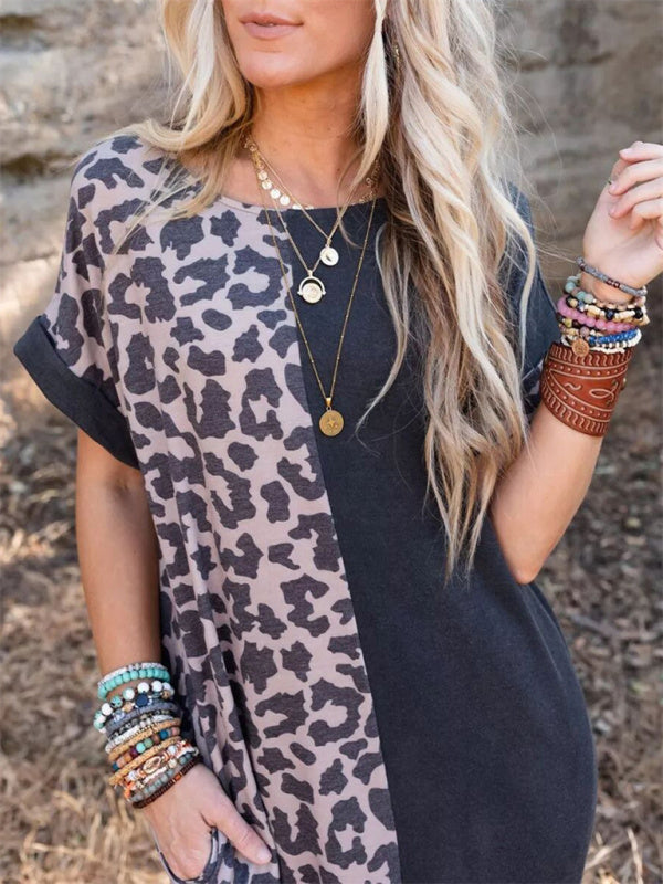 Dress- Leopard Print Long T-Shirt Dress with pockets- Perfect for Any Occasion!- - IndioGear Fashion and Gear