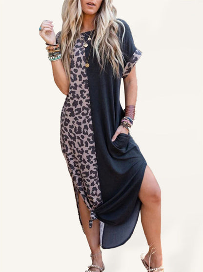 Dress- Leopard Print Long T-Shirt Dress with pockets- Perfect for Any Occasion!- Black- IndioGear Fashion and Gear