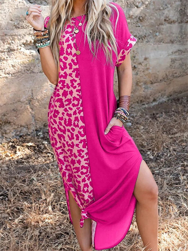 Dress- Leopard Print Long T-Shirt Dress with pockets- Perfect for Any Occasion!- Rose- IndioGear Fashion and Gear