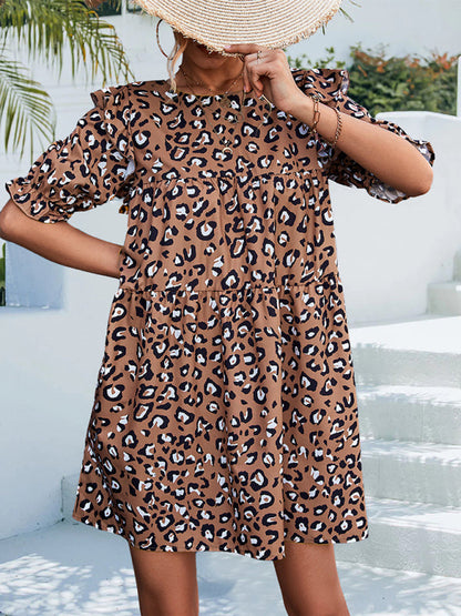 Dress- Leopard Print Puff Sleeve Mini Dress - The Perfect Versatile Piece for Any Occasion- - IndioGear Fashion and Gear