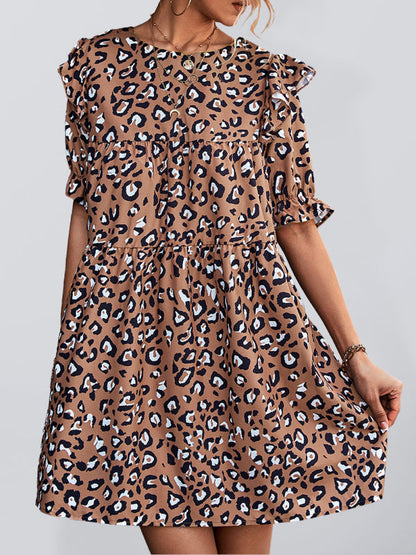 Dress- Leopard Print Puff Sleeve Mini Dress - The Perfect Versatile Piece for Any Occasion- Coffee- IndioGear Fashion and Gear