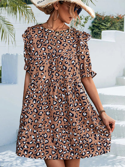 Dress- Leopard Print Puff Sleeve Mini Dress - The Perfect Versatile Piece for Any Occasion- - IndioGear Fashion and Gear