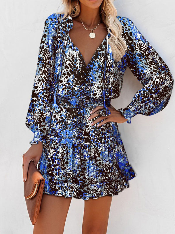 Dress- Leopard Print Smocked Waist Tiered Blouson Mini Dress- Blue- IndioGear Fashion and Gear