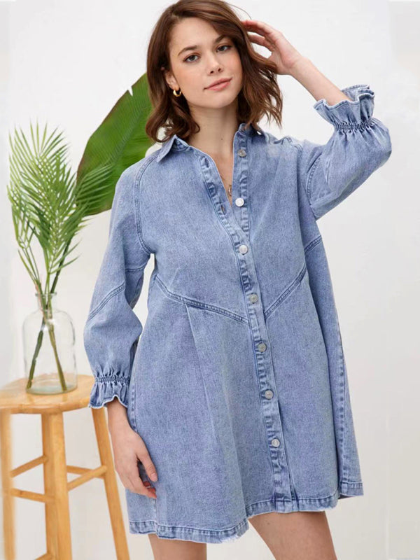 Dress- Loose Denim Washed Cotton Oversized Shirt Dress- - IndioGear Fashion and Gear