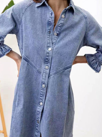 Dress- Loose Denim Washed Cotton Oversized Shirt Dress- - IndioGear Fashion and Gear