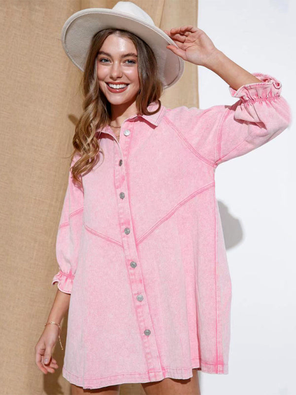 Dress- Loose Denim Washed Cotton Oversized Shirt Dress- - IndioGear Fashion and Gear