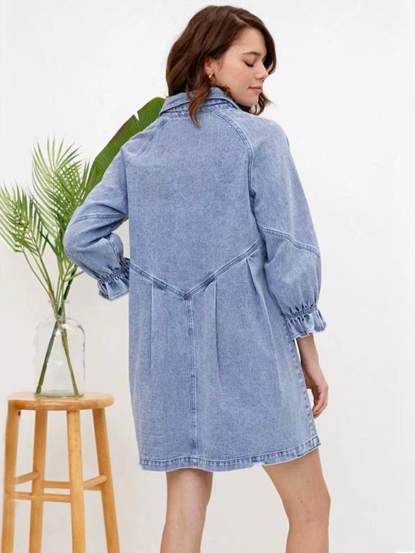 Dress- Loose Denim Washed Cotton Oversized Shirt Dress- - IndioGear Fashion and Gear