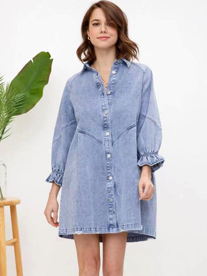 Dress- Loose Denim Washed Cotton Oversized Shirt Dress- Clear blue- IndioGear Fashion and Gear