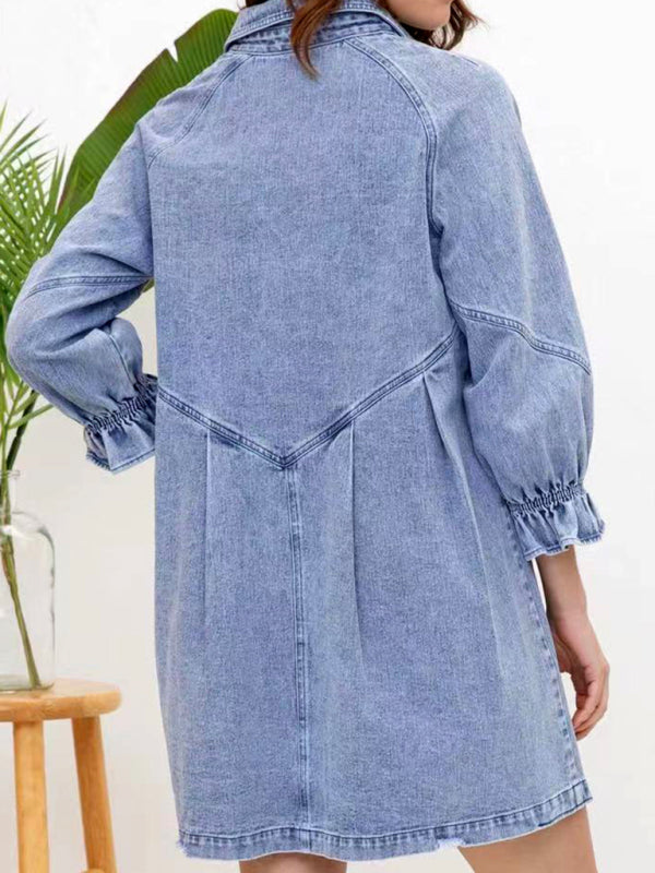 Dress- Loose Denim Washed Cotton Oversized Shirt Dress- - IndioGear Fashion and Gear