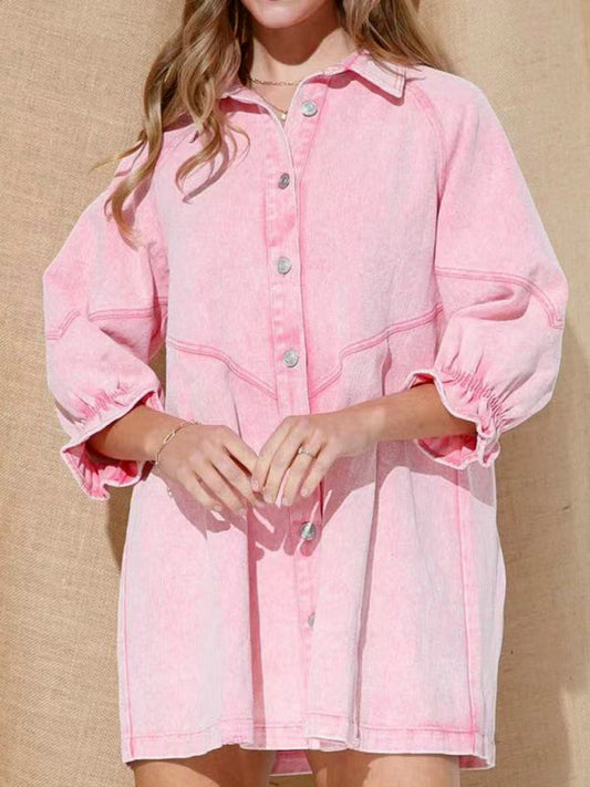 Dress- Loose Denim Washed Cotton Oversized Shirt Dress- Pink- IndioGear Fashion and Gear