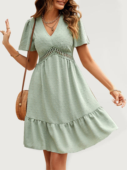 Dress- Lotus Leaf Sleeve V-Neck Mini Dress- Green- IndioGear Fashion and Gear