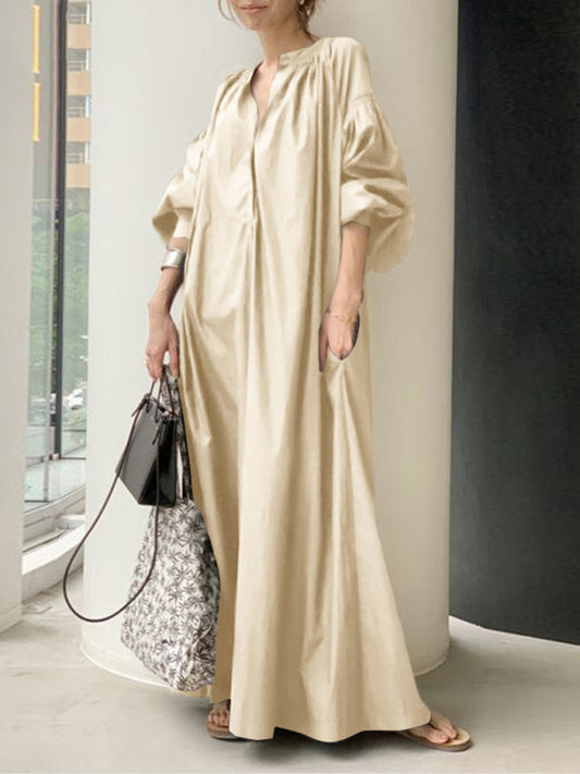 Dress- Maxi Tunic Dress for Women - Japanese Design, Oversized Fit, and Cotton Fabric- Bronze Beige- IndioGear Fashion and Gear